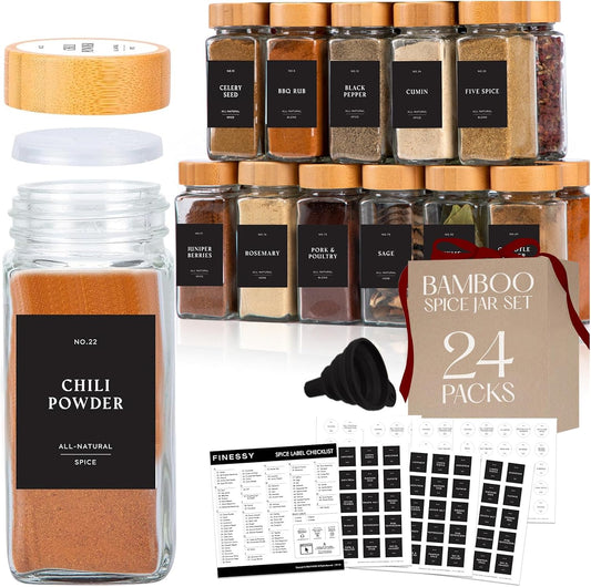 FINESSY Thick, Empty, Square Glass Spice Jars With Bamboo Lids, 4oz 24 Pack