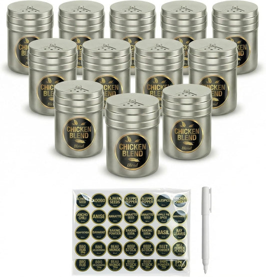 12-pack 6oz Metal Seasoning Containers with Adjustable Lid -192 Labels