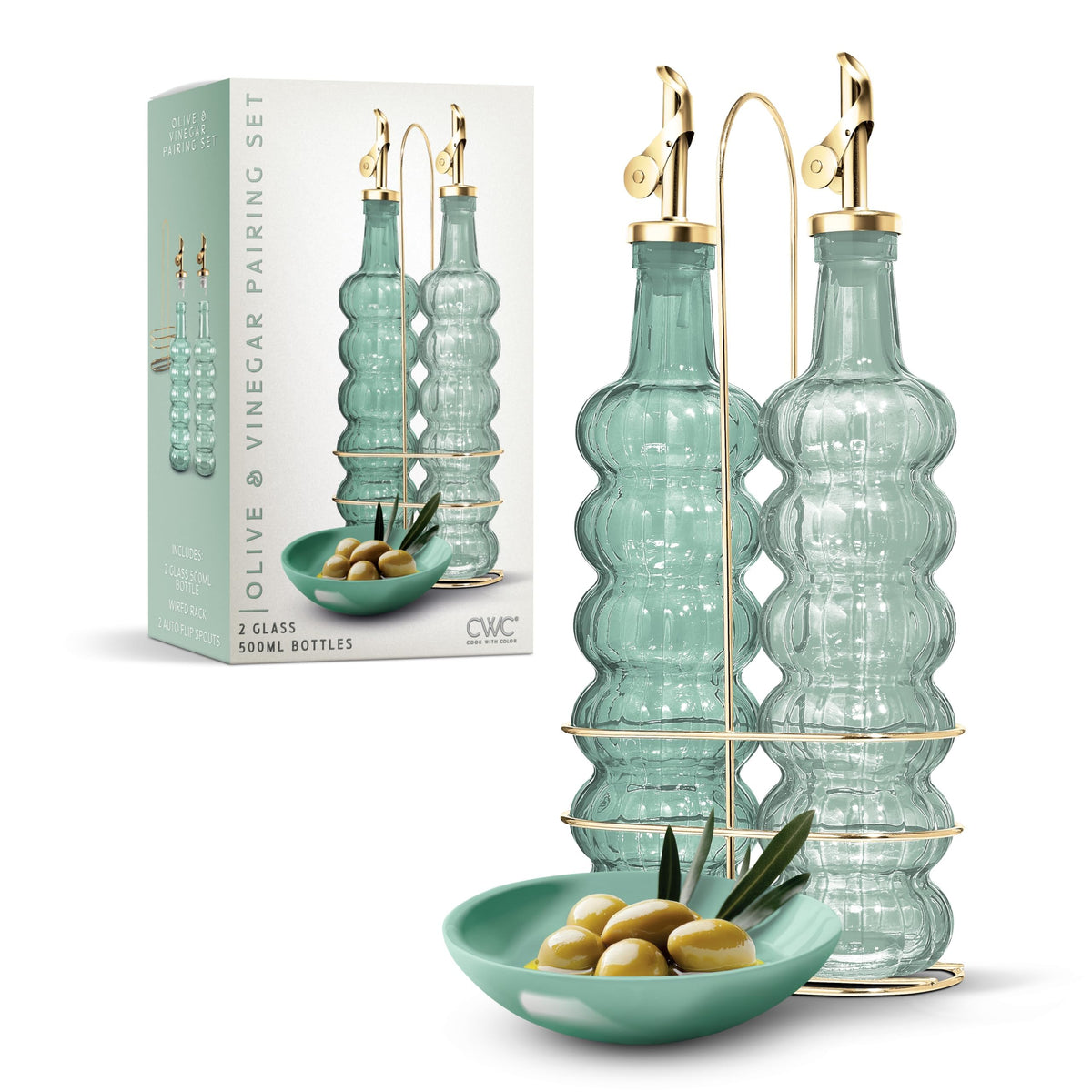 COOK WITH COLOR Glass Olive Oil Bottle Dispenser - 2 Pack- 17oz Oil and Vinegar Cruet - Olive Oil Carafe Decanter for Kitchen, Fluted, Brown