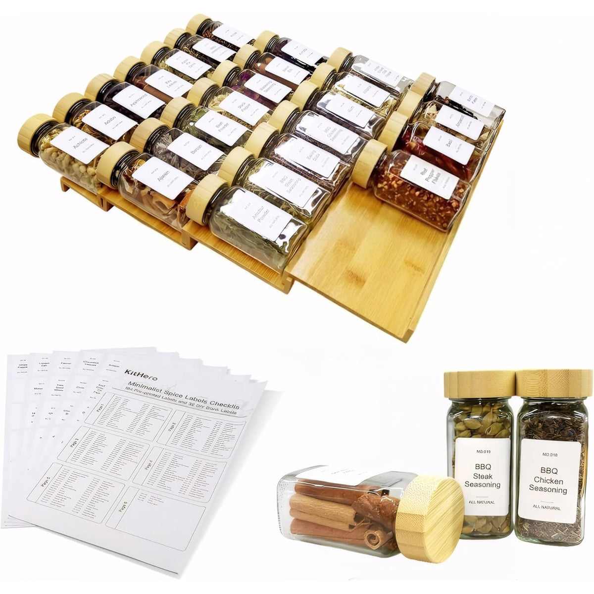 Spice Drawer Organizer with 28 Spice Jars and 216 Labels,Non-slip Rubber, Bamboo 4 Tier Spice Racks Tray Seasoning Containers for Kitchen Drawers,Cabinets,Countertops,13" Wide * 15.8" Deep