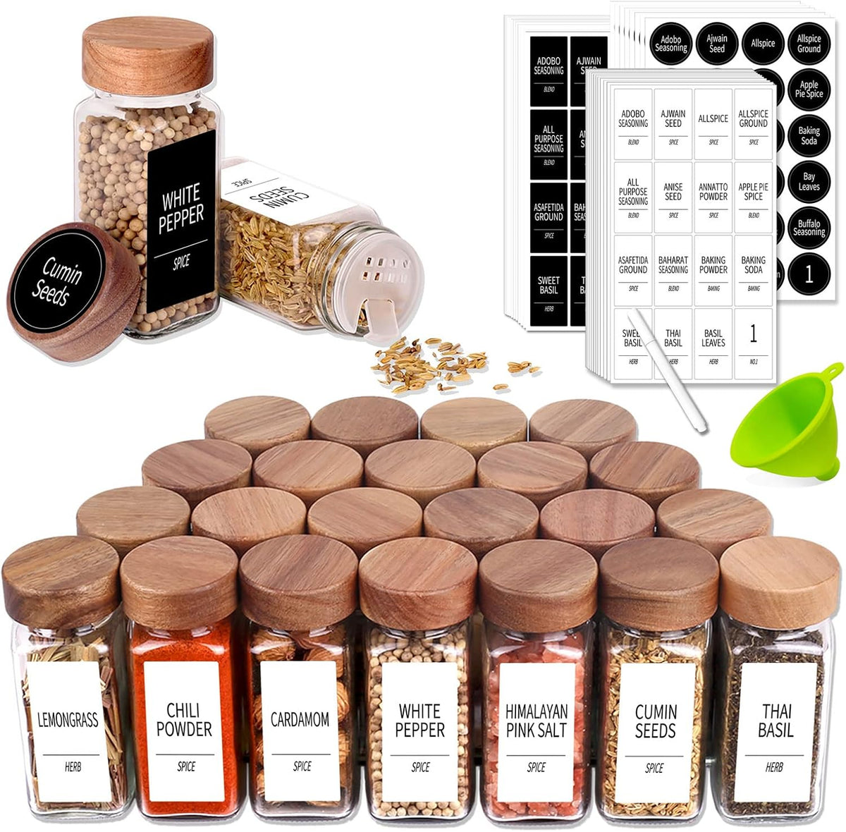 Churboro Glass Spice Jars with Labels, 24 Pack 4 oz, Acacia Wood Lids