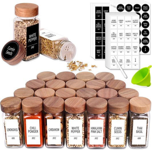 Churboro Glass Spice Jars with Labels, 24 Pack 4 oz, Acacia Wood Lids