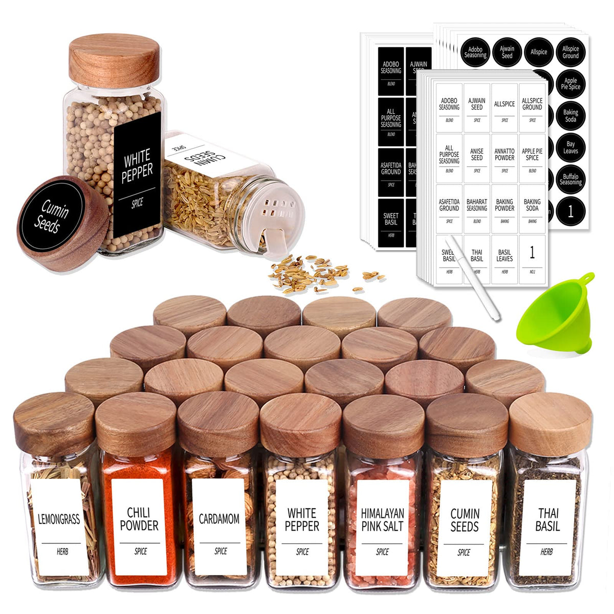 Churboro Glass Spice Jars with Labels, 24 Pack 4 oz, Acacia Wood Lids