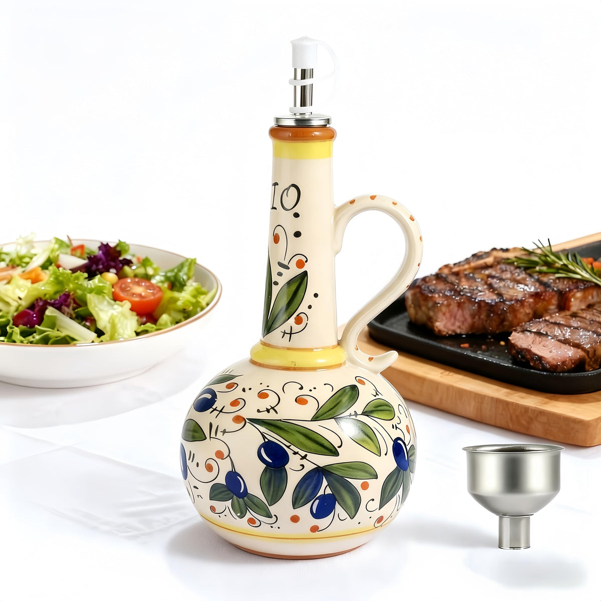 Ceramic Olive Oil Dispenser Bottle 23oz, Hand Painted Olive Oil Bottles, Decorative Stoneware Olive Oil Cruet for Kitchen with Stainless Steel Spout for Oils, Sauces, Vinegar (Llemon)