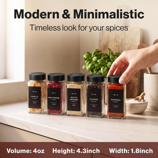 EDELHAUS Glass Spice Jars with Label, Seasoning Set, 24x Black Steel Lids