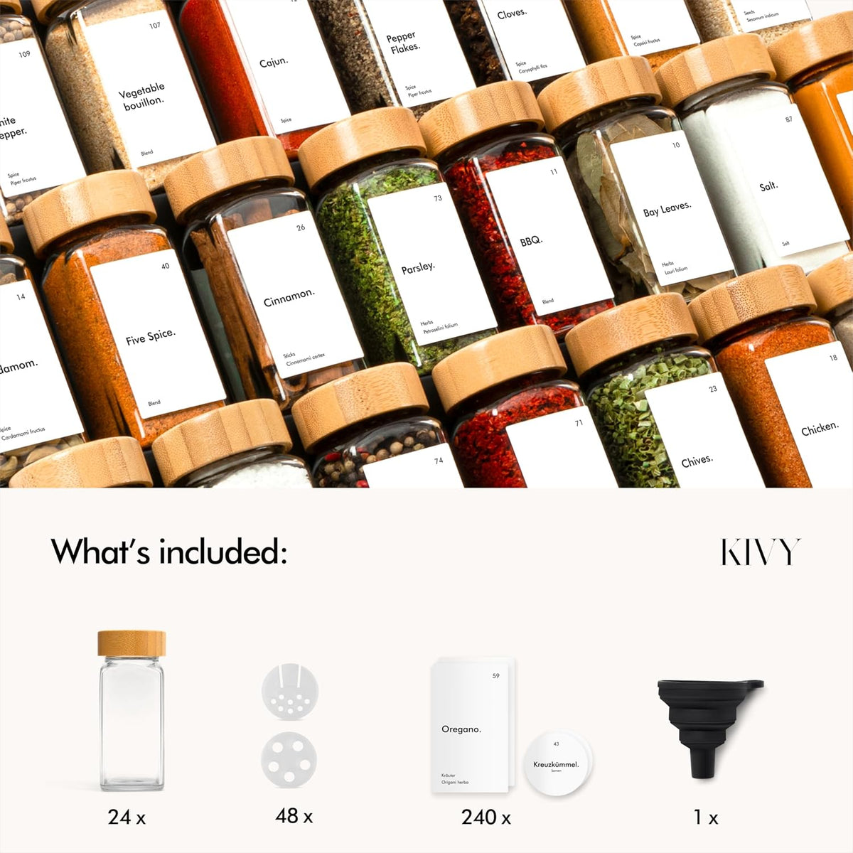 KIVY Spice Jars with Labels - 24x 4oz - Airtight Lids & BPA-Free - Bamboo