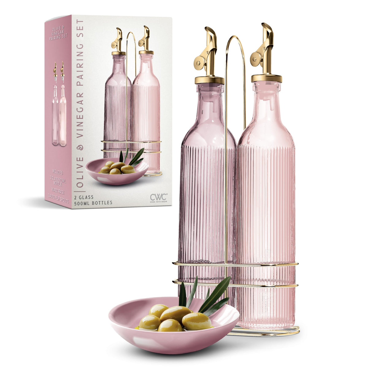 COOK WITH COLOR Glass Olive Oil Bottle Dispenser - 2 Pack- 17oz Oil and Vinegar Cruet - Olive Oil Carafe Decanter for Kitchen, Fluted, Brown