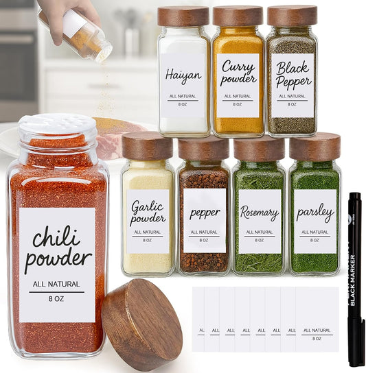 8Oz 8Pcs Glass Spice Jars with Label, Seasoning Containers, Spice Containers with Bamboo Lids & Pen, Empty Spice Bottles for Salt, Herbs, Sugar, Pepper (Acacia Wood Color)
