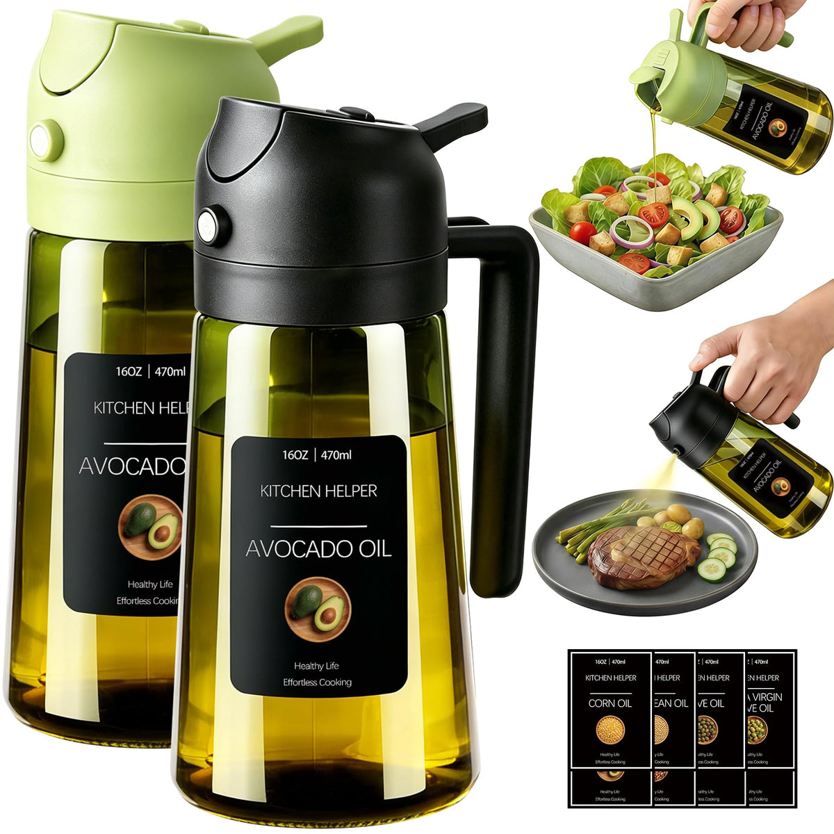 Poshetion 2 in 1 Olive Oil Sprayer for Cooking, 16oz Light-Proof Oil Dispenser for Kitchen, Leak-Proof Oil Spray Bottle for Air Fryer, Salad, BBQ, Baking, Grilling - Black & Black