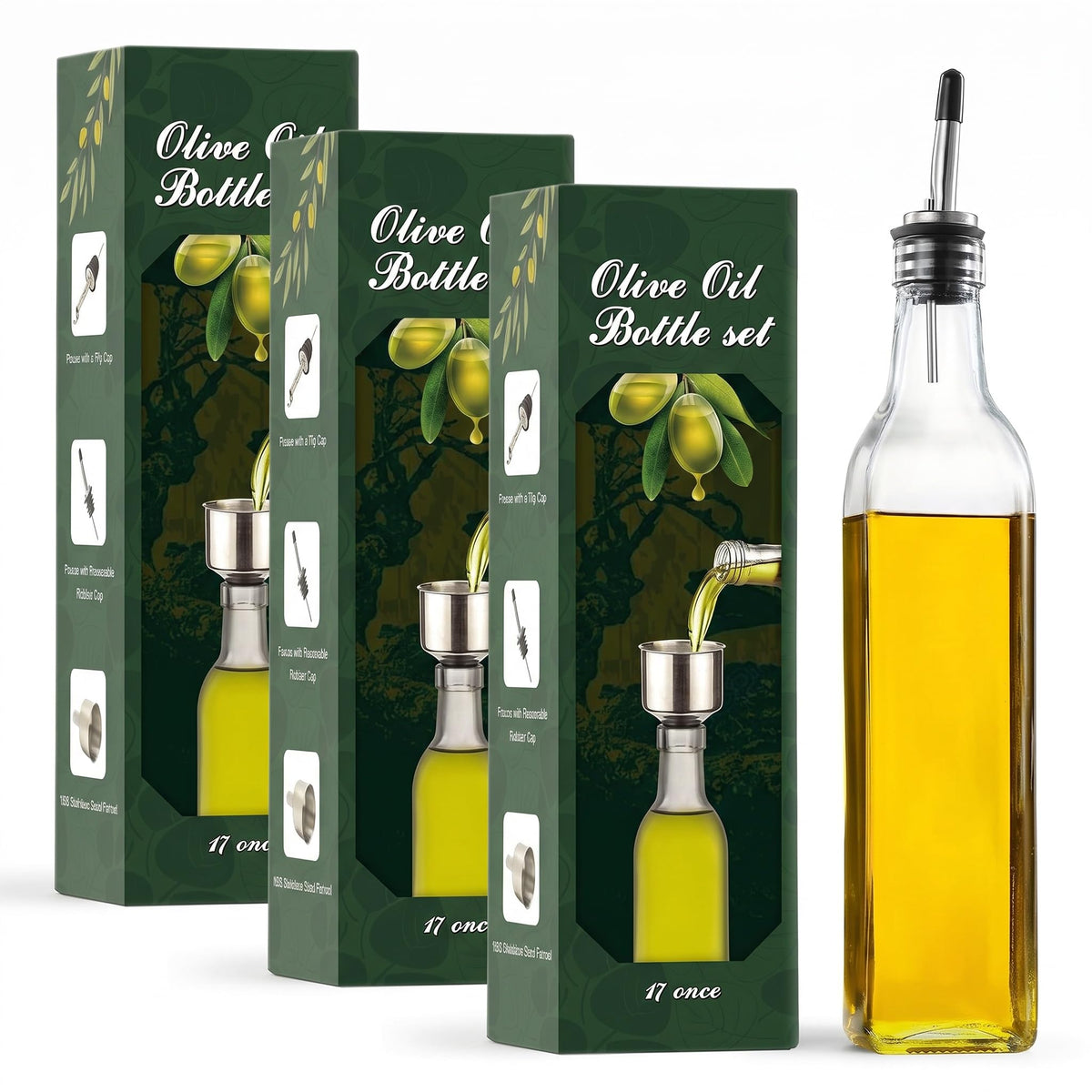 AOZITA 17oz Glass Olive Oil Dispenser - Oil and Vinegar Cruet Bottle with Stainless Steel Pourers - Funnel For Easy Refill - Olive Carafe Decanter for Kitchen