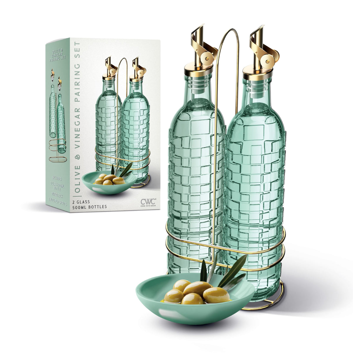 COOK WITH COLOR Glass Olive Oil Bottle Dispenser - 2 Pack- 17oz Oil and Vinegar Cruet - Olive Oil Carafe Decanter for Kitchen, Fluted, Brown
