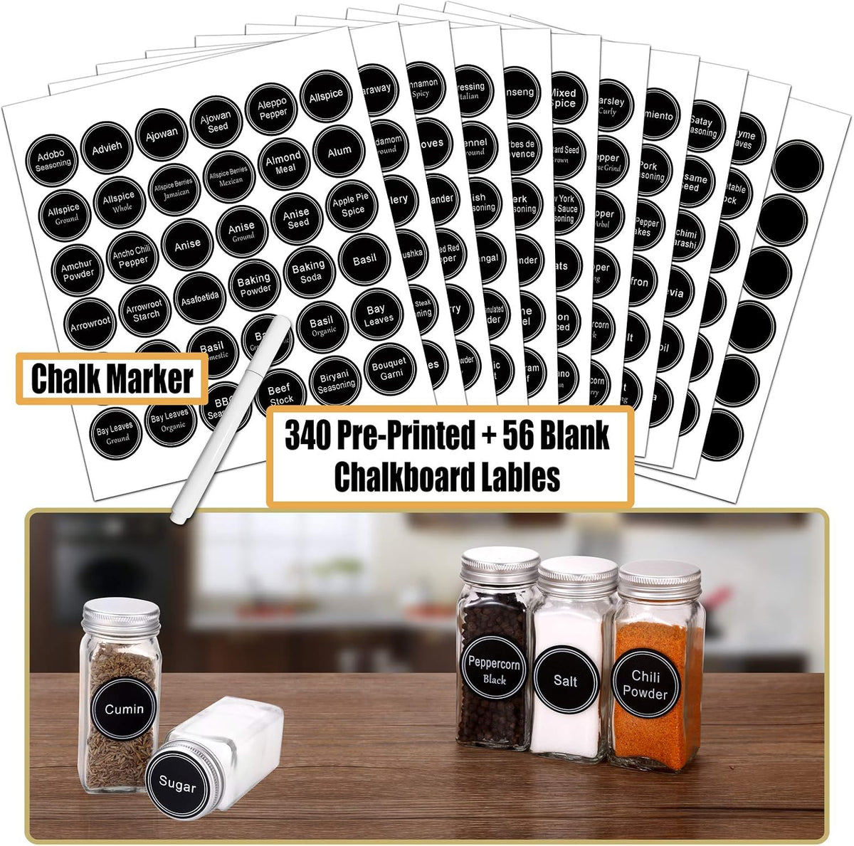 SWOMMOLY 48 Pcs 4 oz Glass Spice Jars with Shaker Lids and 703 Spice Labels