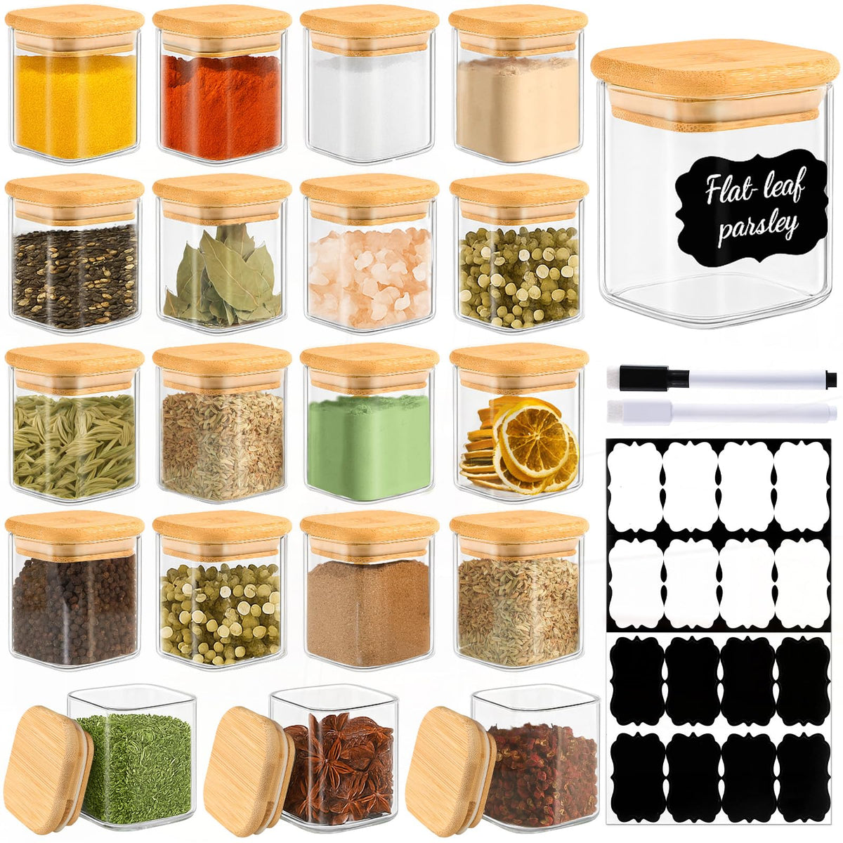 TBWIND 12 Pack 8 oz Square Glass Spice Jars with Lids and Labels – Airtight Small Spice Containers Set, Clear Glass Storage Jars for Seasoning, Spices, Kitchen Pantry Organization