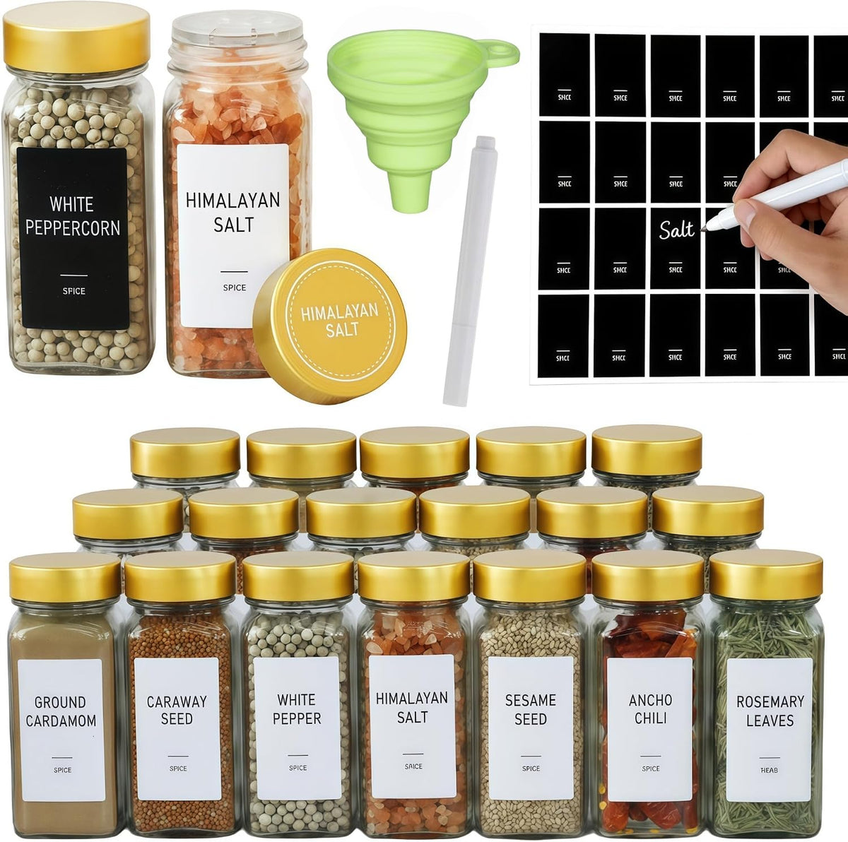24 Spice Jars with Labels, 4oz Seasoning Jars for Cabinets, Drawers, Racks