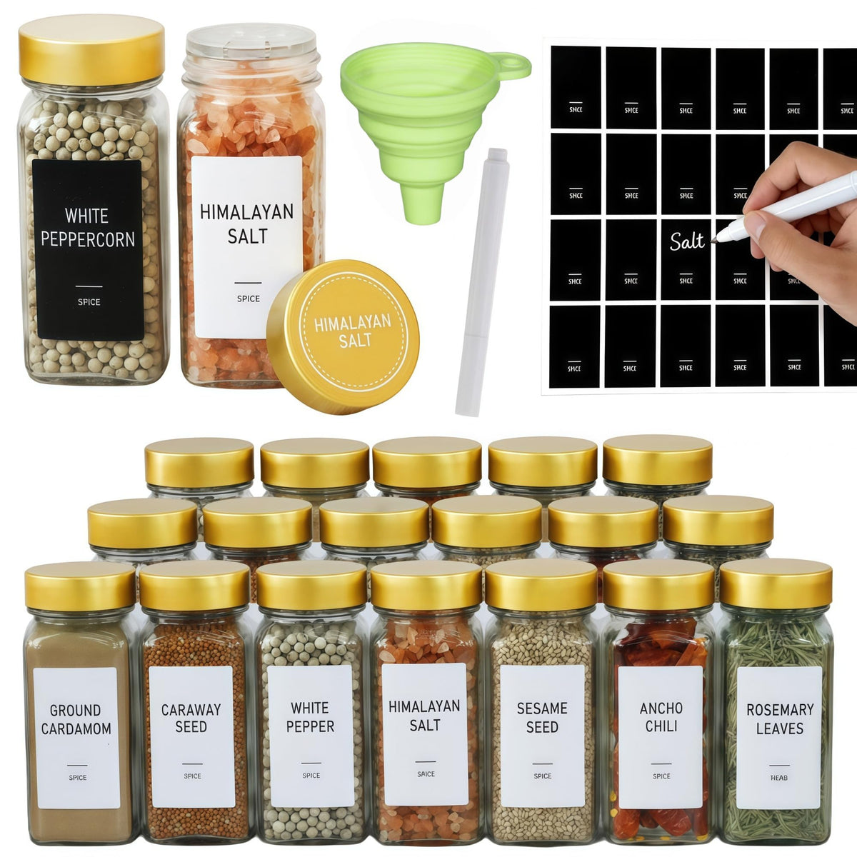 24 Spice Jars with Labels, 4oz Seasoning Jars for Cabinets, Drawers, Racks