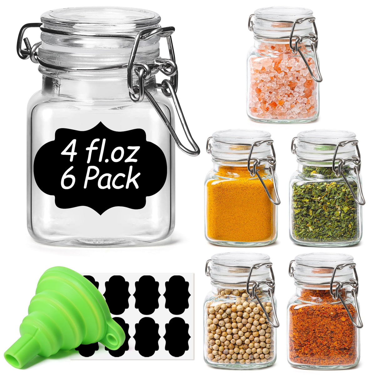 ComSaf Square Small Glass Spice Jars with Airtight Lids 4 oz 6 Pack Pantry