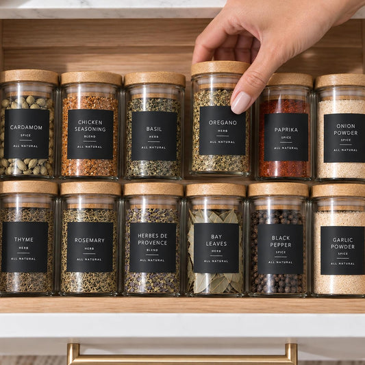 230 Black Spice Labels by ThreeKin | Waterproof & Oil-Resistant Pre-Printed Stickers for Spice Jars | Durable, BPA-Free Seasoning Labels | Easy-Clean, No-Residue Design | Proudly Female & USA Owned
