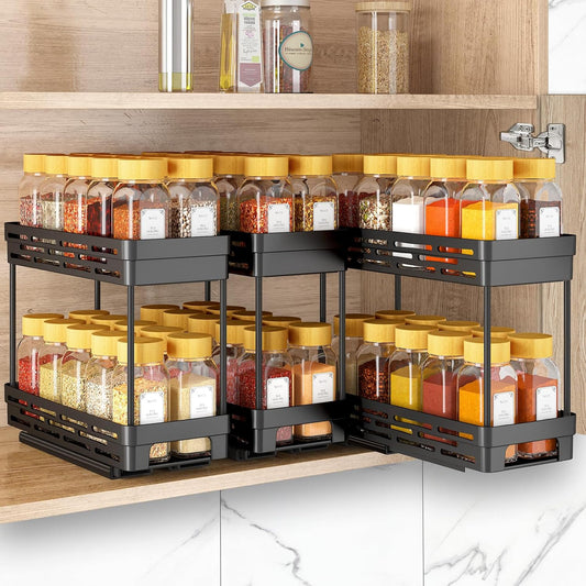 Pull Out Spice Rack Organizer for Cabinet, 3 Packs Slide Out Spice Racks Organizer, Spice Cabinet Organizers, Cabinet Size Need:12'' Highx11'' Deepx5'' Wide,Each Tier Hold 10 Spice Jar - 2 Tier, Black
