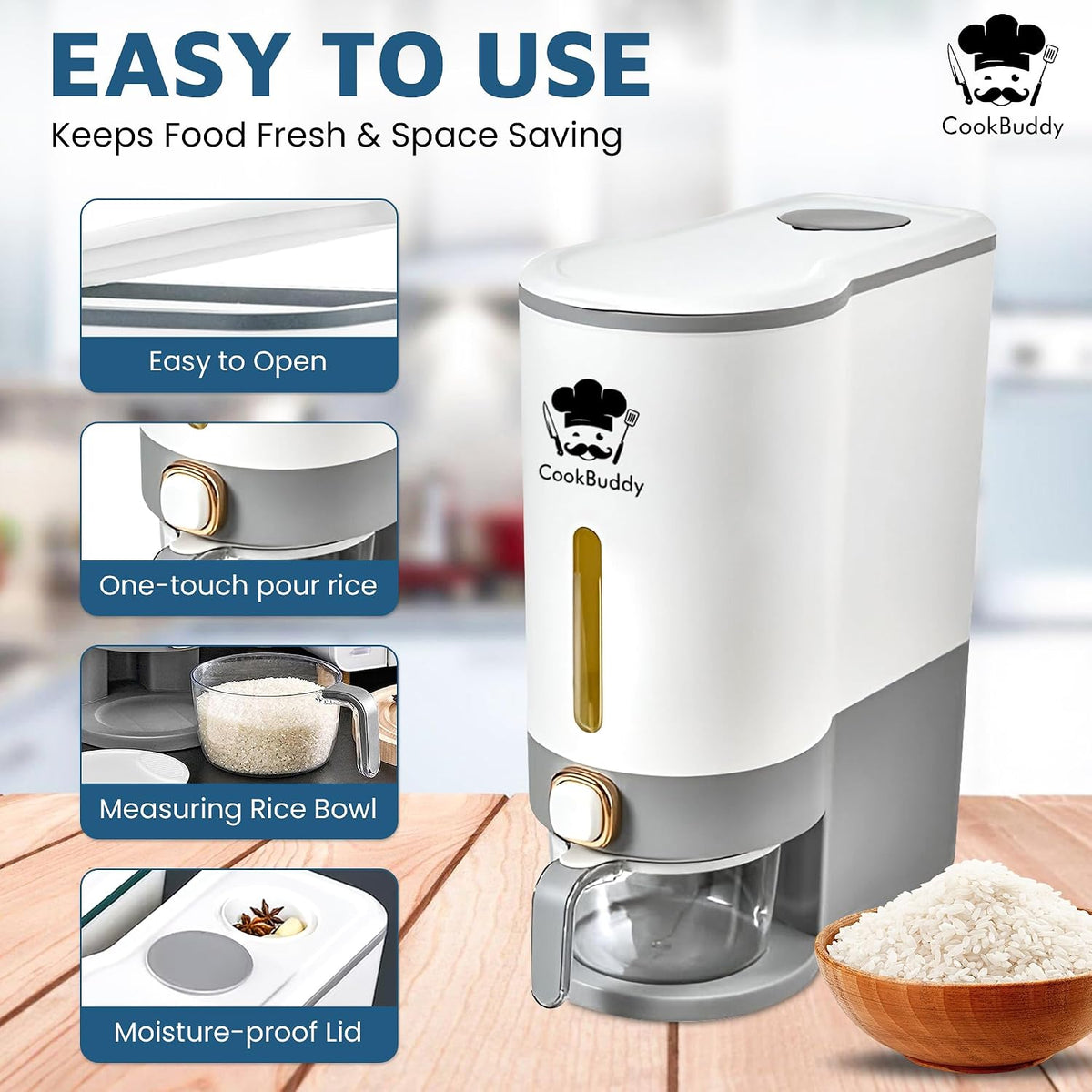 CookBuddy Rice Dispenser - 25 lb Airtight Rice Storage Container - Grain Dispenser