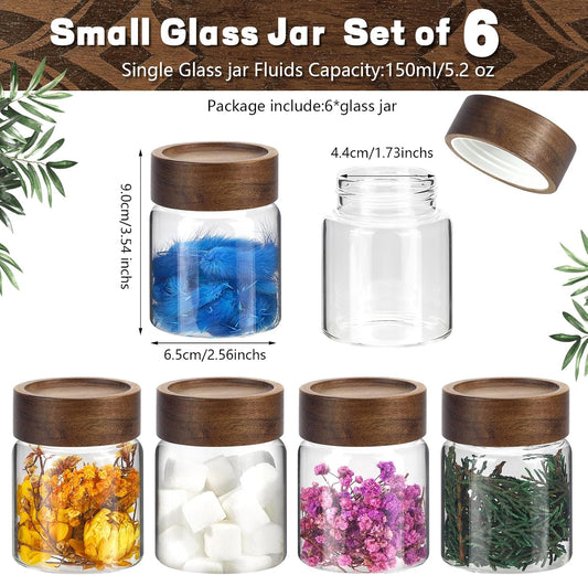6 pc Glass Spice jars Glass Jars with Screw Lid 5 oz Acacia Wood Glass Herb Sugar Coffee Bean Ground Container Food Storage Canister for Candy Pantry Tea Seasoning Meal Prep Snack (6*150ml(5oz))