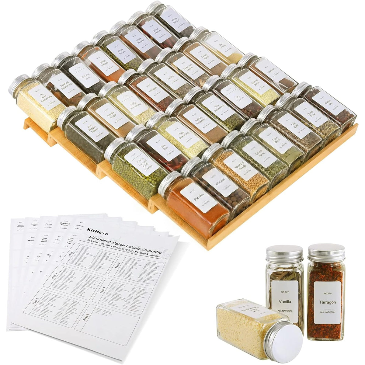 Spice Drawer Organizer with 28 Spice Jars and 216 Labels,Non-slip Rubber, Bamboo 4 Tier Spice Racks Tray Seasoning Containers for Kitchen Drawers,Cabinets,Countertops,13" Wide * 15.8" Deep