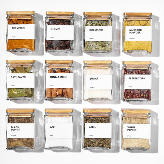 Glass Spice Jars with Bamboo Lid, 4oz Square Spice Containers for Pantry Organization, Seasoning Bottles with Labels, Spoons, Funnel for Salt Sugar