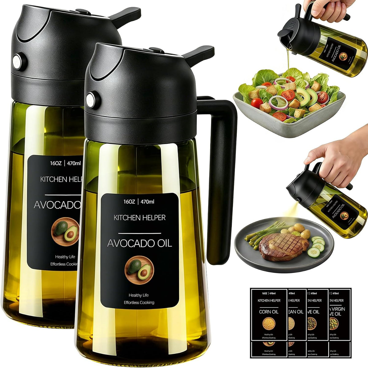 Poshetion 2 in 1 Olive Oil Sprayer for Cooking, 16oz Light-Proof Oil Dispenser for Kitchen, Leak-Proof Oil Spray Bottle for Air Fryer, Salad, BBQ, Baking, Grilling - Black & Black