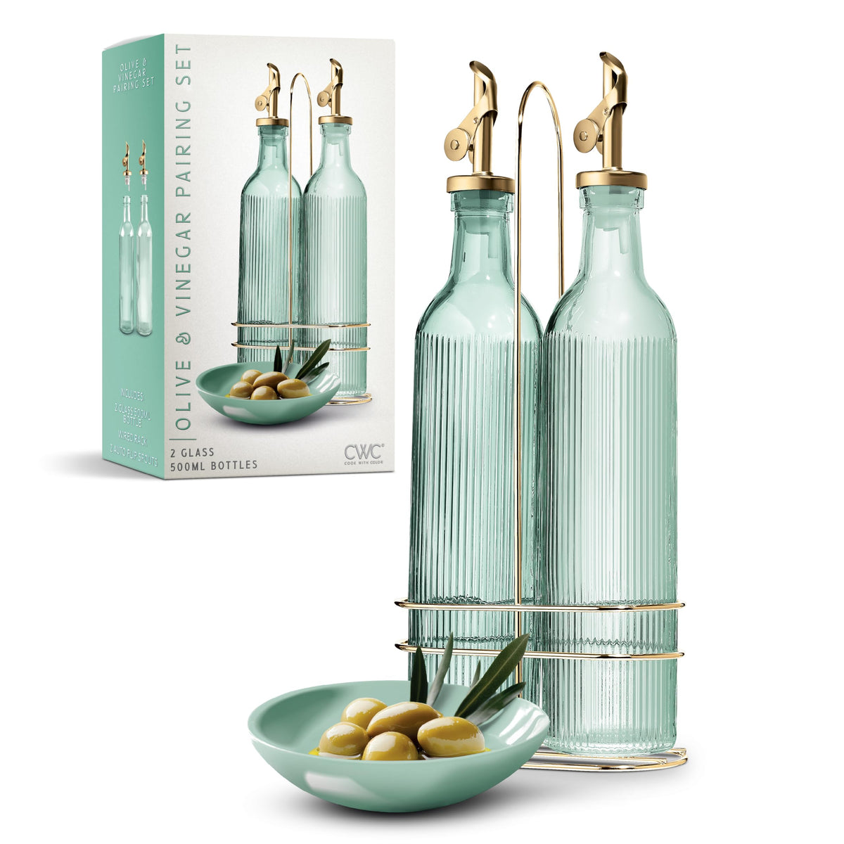 COOK WITH COLOR Glass Olive Oil Bottle Dispenser - 2 Pack- 17oz Oil and Vinegar Cruet - Olive Oil Carafe Decanter for Kitchen, Fluted, Brown