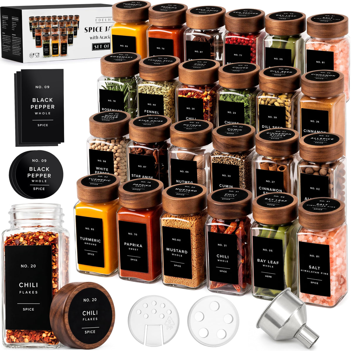 EDELHAUS Glass Spice Jars with Label, 24x Acacia Wooden Lids - Black Labels