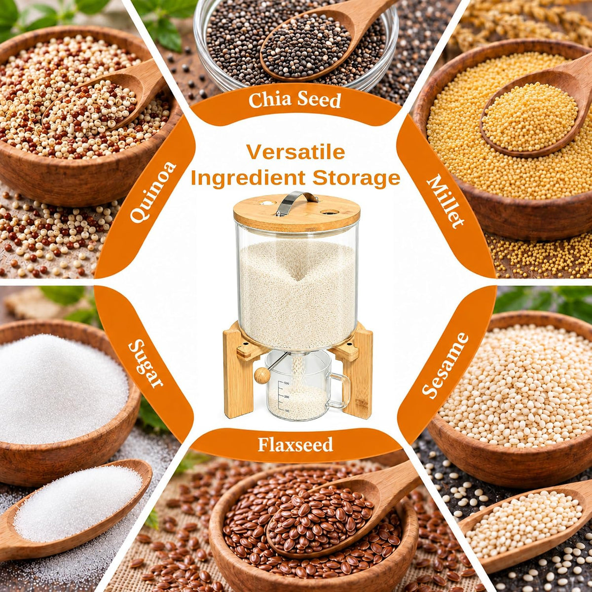 Glass Rice Dispenser, 5L Airtight Rice Container with Measuring Cup & Label