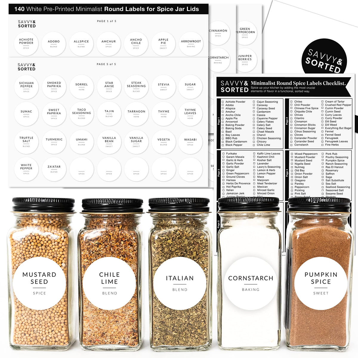 Spice Labels for Glass Jars, 202 Round Preprinted Waterproof Kitchen Spice Labels Stickers, Seasoning Organization Black Pantry Herbs Label for Top Lid, Chalkboard Labels for Spice Jars