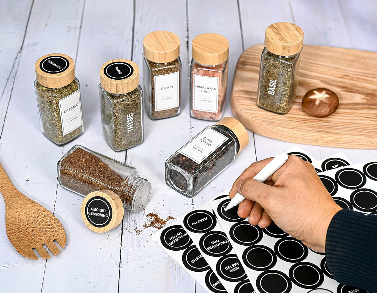 Glass Spice Jars with Label Set, Bamboo Lids & Funnel - Kitchen Airtight Storage Jars with Lids - Spices and Seasonings Sets Organizer, Spice Glass Jar with Lid Food Canister Bottle Sugar Shaker