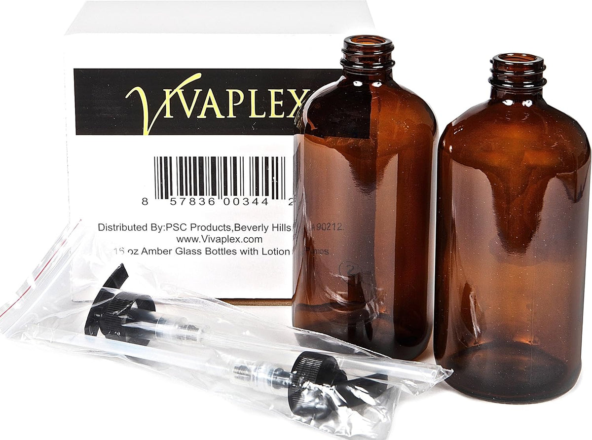 Vivaplex Large 16 oz Amber Glass Bottles with Black Lotion Pumps - 2 pk