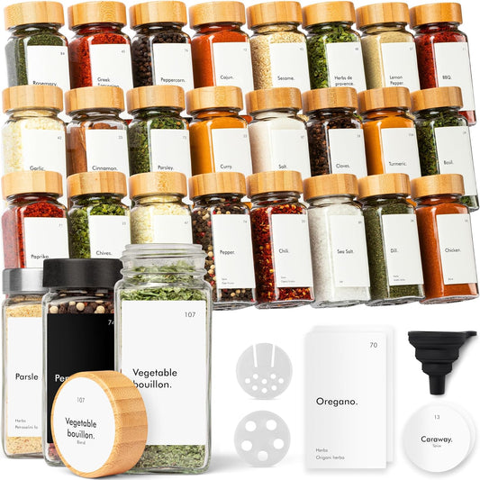 KIVY Spice Jars with Labels - 24x 4oz - Airtight Lids & BPA-Free - Bamboo
