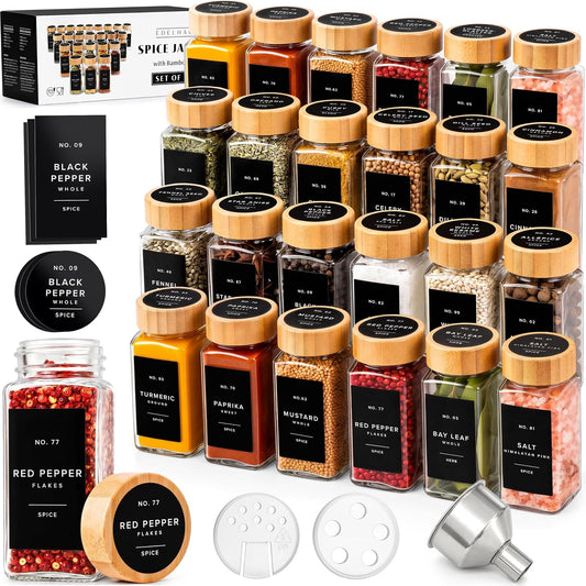 EDELHAUS Glass Spice Jars with Label, 24x Bamboo Wooden Lids - Black Labels