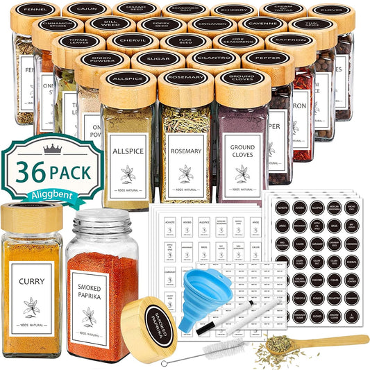 Aliggbent Spice Jars with Labels 36 Pcs 4 oz Glass Bamboo Lids Shaker Set