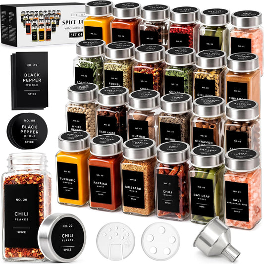 EDELHAUS Glass Spice Jars with Label, 24x Stainless Steel Lids