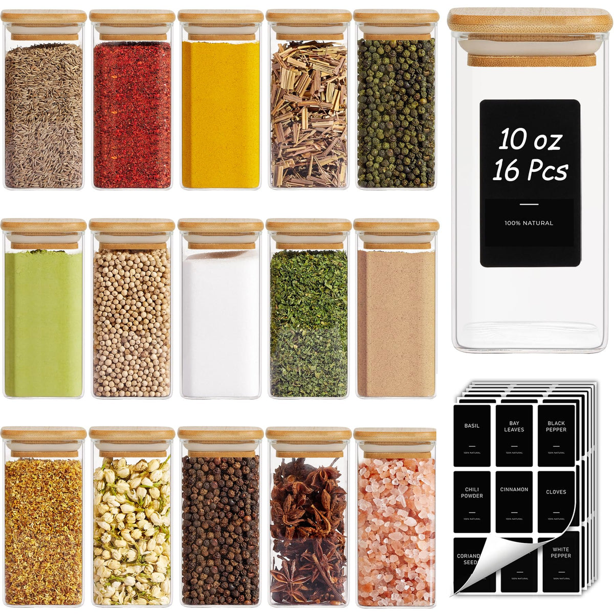 ComSaf Square Glass Spice Jars with Labels 8 oz 16 Pack with Bamboo Lids