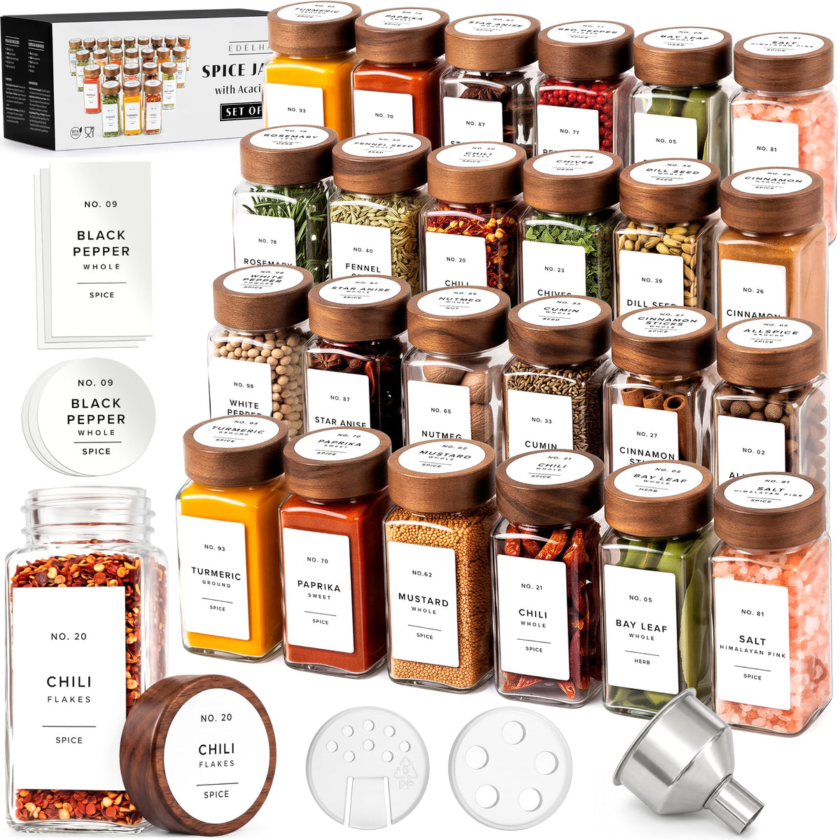 EDELHAUS Glass Spice Jars with Label, 24x Acacia Wooden Lids - Black Labels
