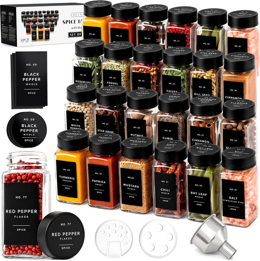 EDELHAUS Glass Spice Jars with Label, Seasoning Set, 24x Black Steel Lids